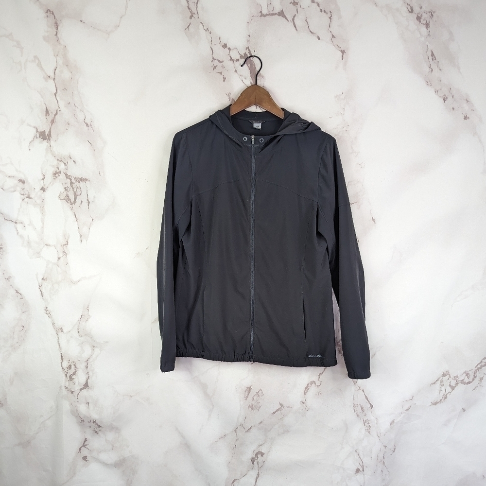 Eddie Bauer Jacket Medium Women Travex Black Windbreaker Zip Hood Lightweight
